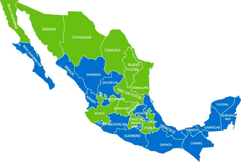 Map of main manufacturing locations in Mexico: Tijuana, Monterrey, Saltillo, Queretaro, Guanajuato, Hermosillo, Guaymas, and Empalme