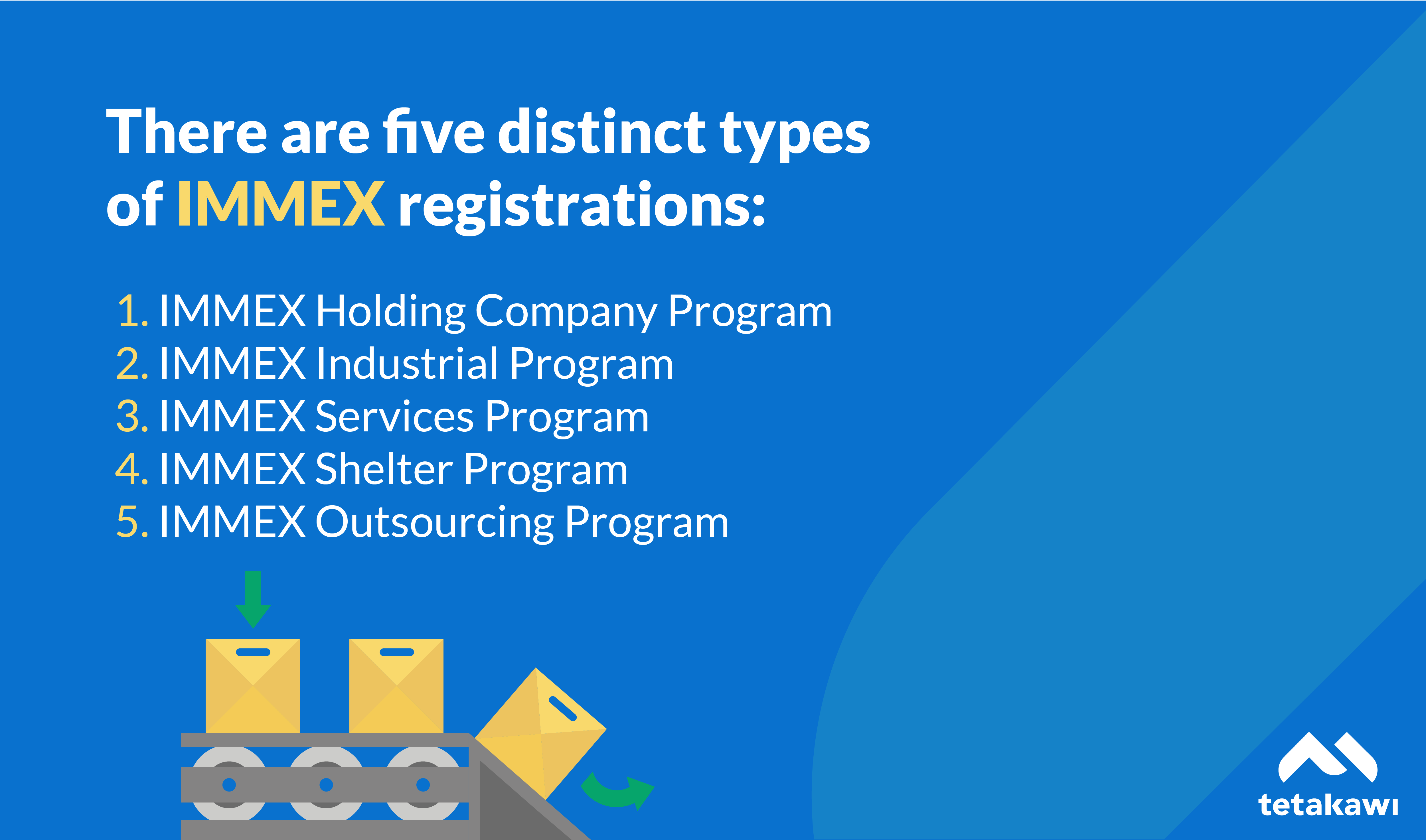 The 5 types of IMMEX registrations in Mexico: Holding Company, Industrial, Services, Shelter, and Outsourcing